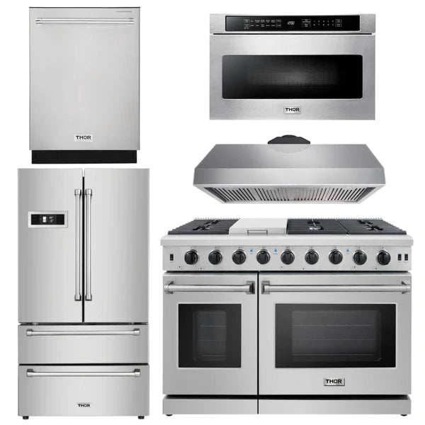 Thor Kitchen Package - 48 in. Gas Range, Range Hood, Dishwasher, Refrigerator, Microwave Drawer