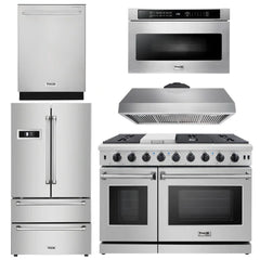 Thor Kitchen Package - 48 in. Gas Range, Range Hood, Dishwasher, Refrigerator, Microwave Drawer