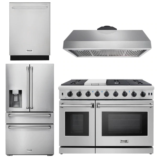 Thor Kitchen Package - 48 in. Gas Range, Range Hood, Dishwasher, Refrigerator with Water and Ice Dispenser