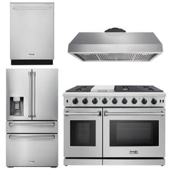 Thor Kitchen Package - 48 in. Gas Range, Range Hood, Dishwasher, Refrigerator with Water and Ice Dispenser