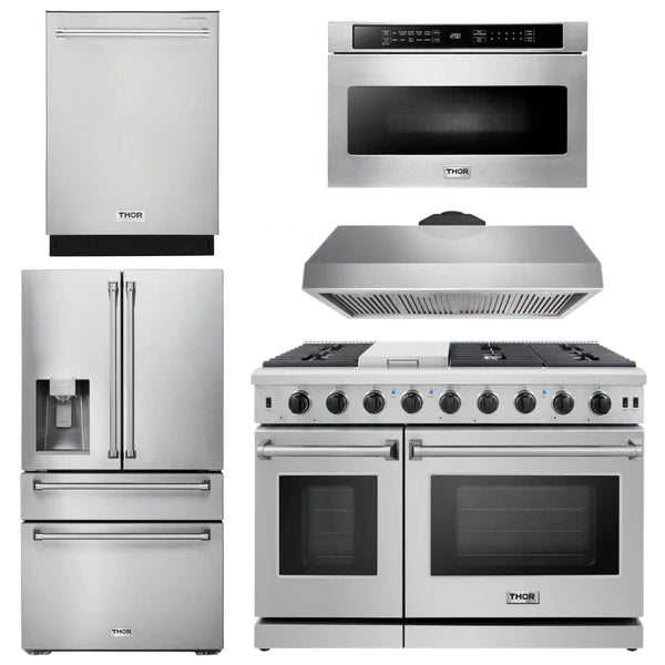 Thor Kitchen Package - 48 in. Gas Range, Range Hood, Dishwasher, Refrigerator with Water and Ice Dispenser, Microwave Drawer