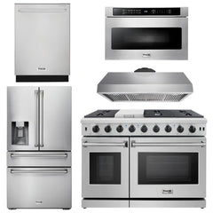 Thor Kitchen Package - 48 in. Gas Range, Range Hood, Dishwasher, Refrigerator with Water and Ice Dispenser, Microwave Drawer