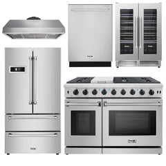 Thor Appliance Package - 48 In. Gas Range, Range Hood, Refrigerator, Dishwasher & Wine Cooler