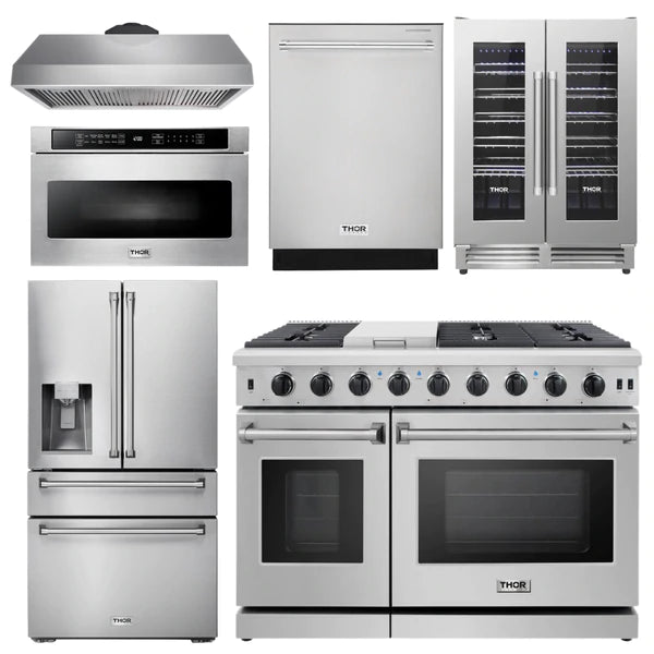 Thor Kitchen Package - 48 in. Gas Range, Range Hood, Refrigerator with Water and Ice Dispenser, Dishwasher, Wine Cooler, Microwave