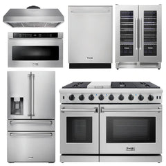 Thor Kitchen Package - 48 in. Gas Range, Range Hood, Refrigerator with Water and Ice Dispenser, Dishwasher, Wine Cooler, Microwave