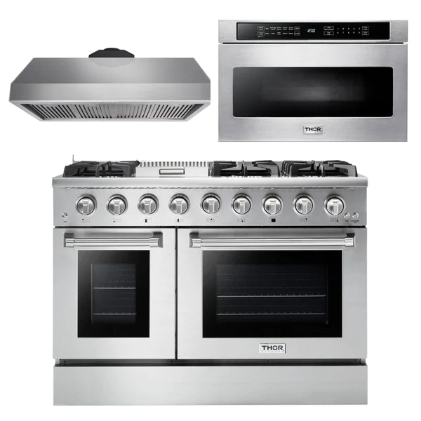 Thor Kitchen Package - 48 in. Propane Gas Range, Range Hood, Microwave Drawer - Stainless Steel Knobs