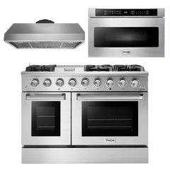 Thor Kitchen Package - 48 in. Propane Gas Range, Range Hood, Microwave Drawer - Stainless Steel Knobs