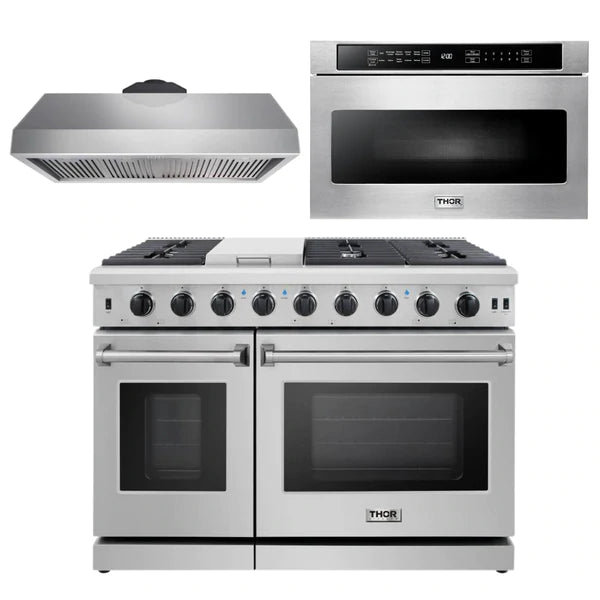 Thor Kitchen Package - 48 in. Propane Gas Range, Range Hood and Microwave Drawer
