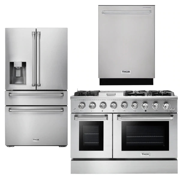 Thor Kitchen Professional Package - 48 in. Propane Gas Range, Refrigerator with Water and Ice Dispenser, Dishwasher