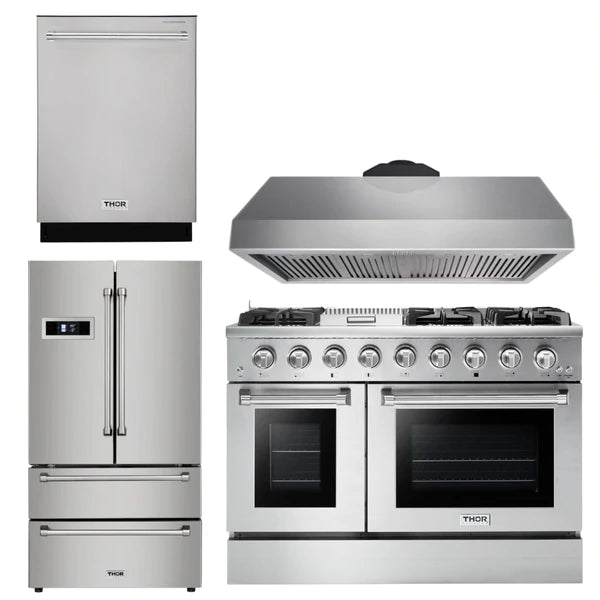 Thor Kitchen Professional 48 in. Propane Gas Range, Range Hood, Refrigerator, Dishwasher Package