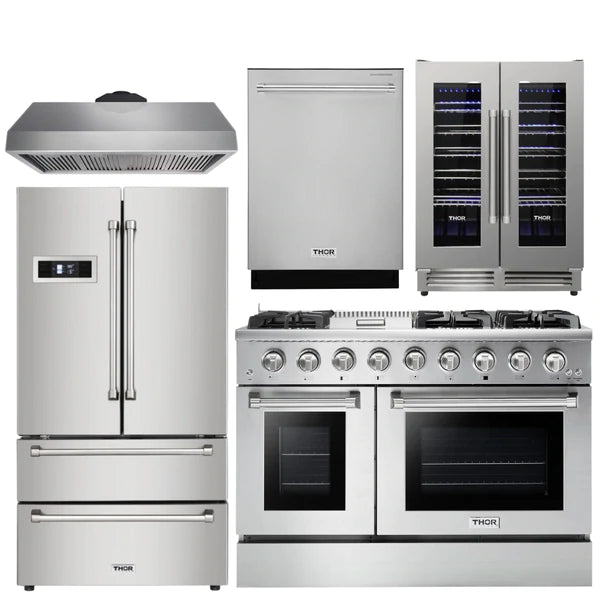 Thor Kitchen Professional Package - 48 in. Gas Range, Range Hood, Refrigerator, Dishwasher, Wine Cooler