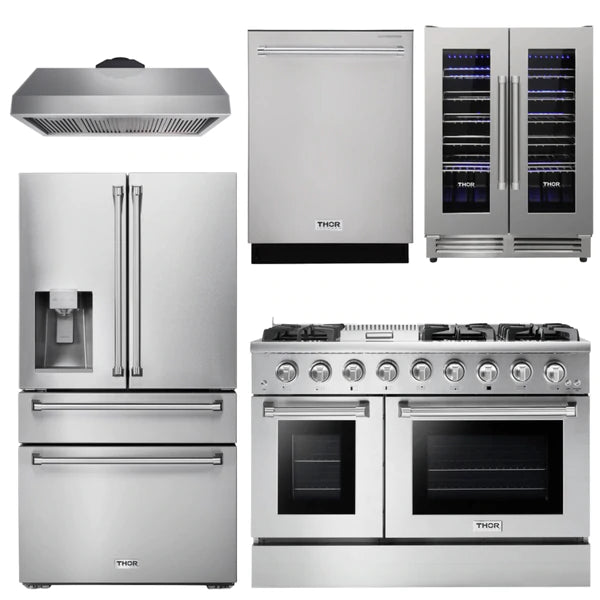 Thor Kitchen Professional Package - 48 in. Propane Gas Range, Range Hood, Refrigerator with Water and Ice Dispenser, Dishwasher, Wine Cooler
