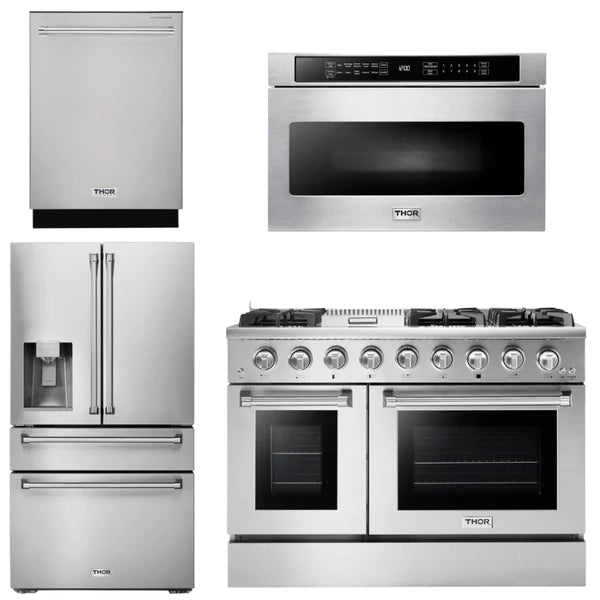 Thor Kitchen Professional Package - 48 in. Gas Range, Refrigerator with Water and Ice Dispenser, Dishwasher, Microwave Drawer