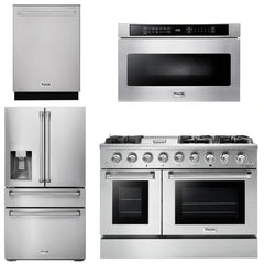 Thor Kitchen Professional Package - 48 in. Gas Range, Refrigerator with Water and Ice Dispenser, Dishwasher, Microwave Drawer
