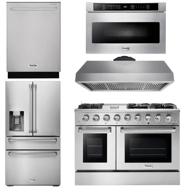 Thor Kitchen Professional Package 48 in. Propane Gas Range, Range Hood, Refrigerator with Water and Ice Dispenser, Dishwasher, Microwave Drawer