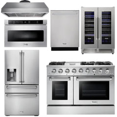 Thor Kitchen Professional Package - 48 in. Gas Range, Range Hood, Refrigerator with Water and Ice Dispenser, Dishwasher, Microwave Drawer, Wine Cooler