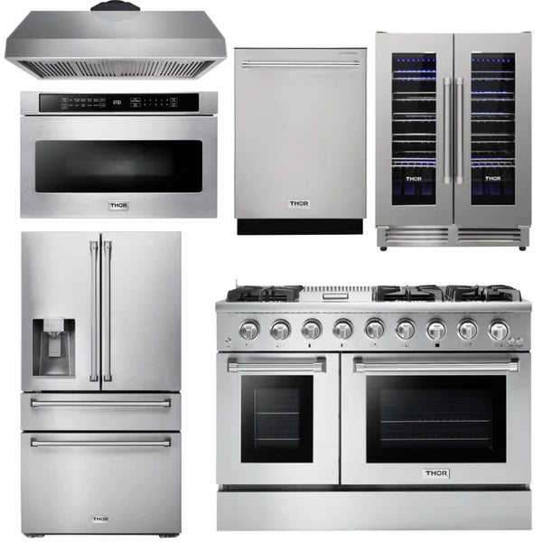 Thor Kitchen Professional Package 48 in. Propane Gas Range, Range Hood, Refrigerator with Water and Ice Dispenser, Dishwasher, Microwave Drawer, Wine Cooler