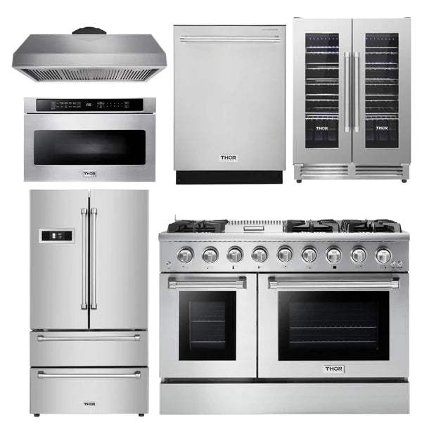Thor Kitchen Professional Package 48 in. Propane Gas Range, Range Hood, Refrigerator, Dishwasher, Microwave Drawer, Wine Cooler