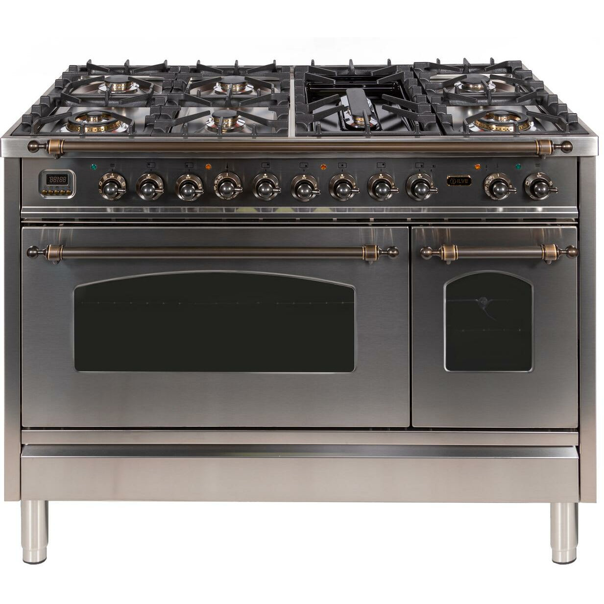 ILVE 48" Nostalgia Series Freestanding Double Oven Dual Fuel Range with 7 Sealed Burners and Griddle - UPN120FDM