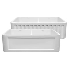 WHITEHAUS 33″ Reversible Series Double Bowl Fireclay Kitchen Sink with a Concave Front Apron - WHFLCON3318-WHITE