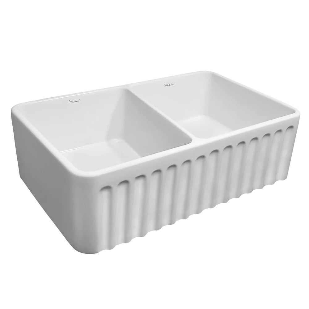 WHITEHAUS 33″ Reversible Series Double Bowl Fireclay Kitchen Sink with a Concave Front Apron - WHFLCON3318-WHITE