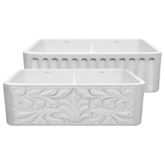 WHITEHAUS 33″ Reversible Series Double Bowl Fireclay Kitchen Sink with Gothichaus Design - WHFLGO3318-WHITE