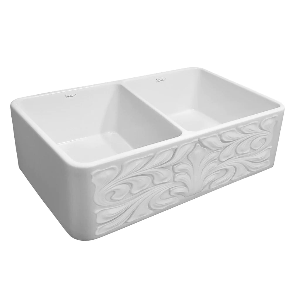 WHITEHAUS 33″ Reversible Series Double Bowl Fireclay Kitchen Sink with Gothichaus Design - WHFLGO3318-WHITE
