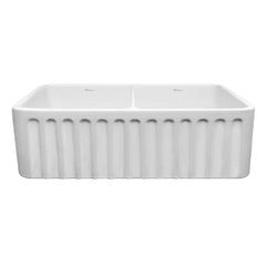 WHITEHAUS 33″ Reversible Series Double Bowl Fireclay Kitchen Sink with Smooth Front Apron - WHFLPLN3318