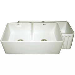 WHITEHAUS 33″ Reversible Series Double Bowl Fireclay Kitchen Sink with Smooth Front Apron - WHFLPLN3318