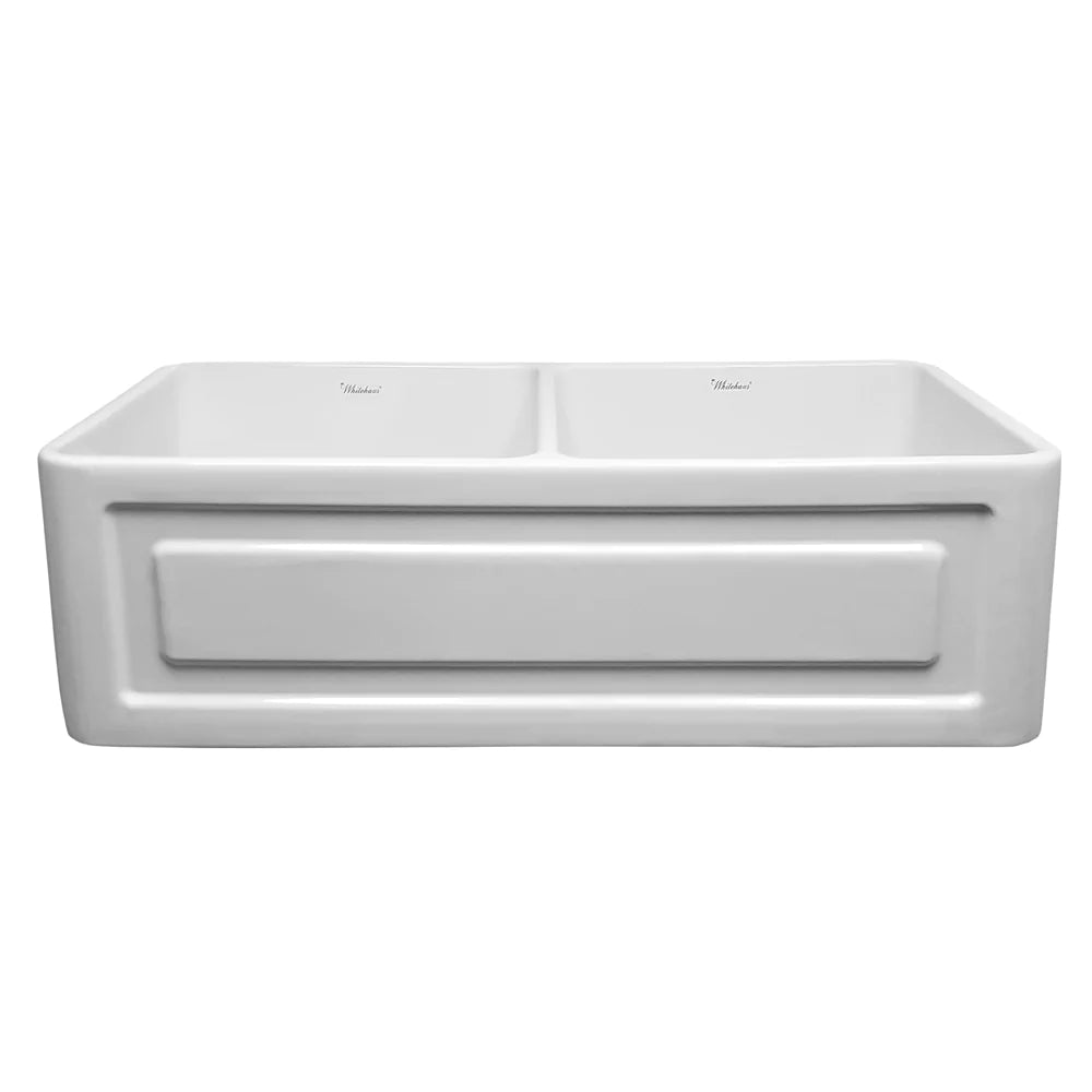 WHITEHAUS 33″ Reversible Series Double Bowl Fireclay Kitchen Sink with a Raised Panel Front Apron - WHFLRPL3318-WHITE
