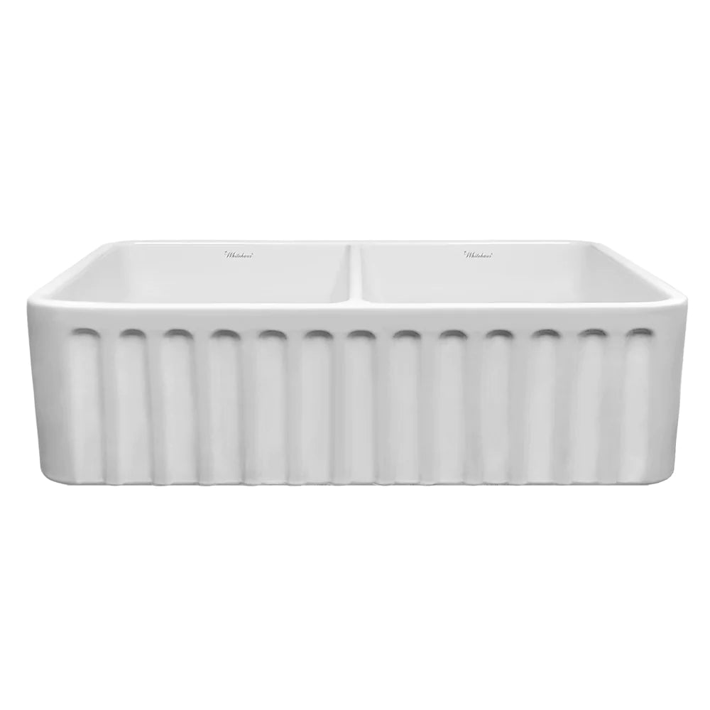 WHITEHAUS 33″ Reversible Series Double Bowl Fireclay Kitchen Sink with a Raised Panel Front Apron - WHFLRPL3318-WHITE