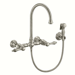 WHITEHAUS Vintage III plus Wall Mount Faucet with a Long Gooseneck Swivel Spout, Lever Handles and Solid Brass Side Spray - WHKWLV3-9301-NT
