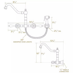 WHITEHAUS Vintage III plus Wall Mount Faucet with a Long Traditional Swivel Spout, Lever Handles and Solid Brass Side Spray - WHKWLV3-9402-NT