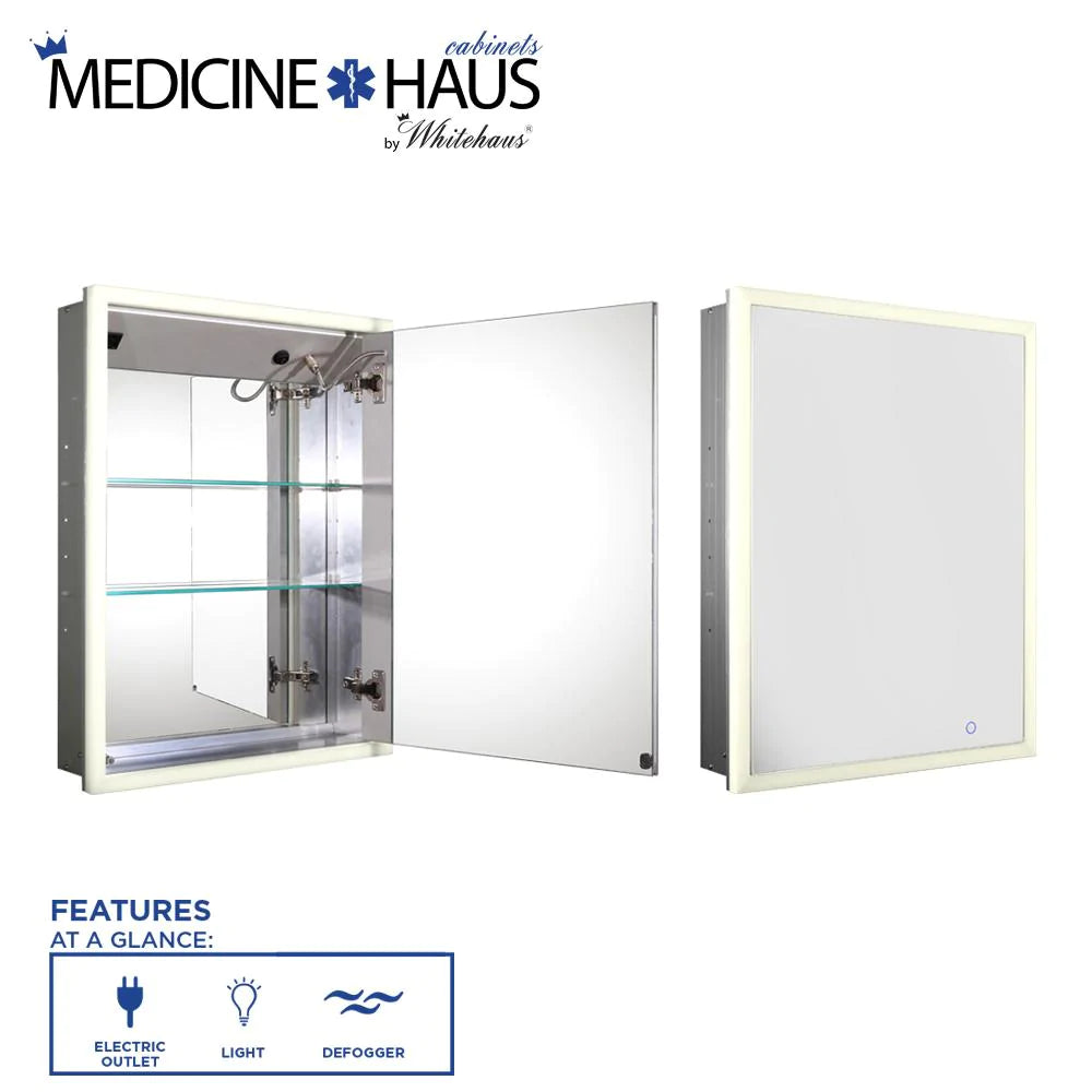 WHITEHAUS 27" Medicinehaus Recessed Single Mirrored Door Medicine Cabinet with Outlet, Defogger, Led Power Button and Dimmer for Light - WHLUN7055-IR