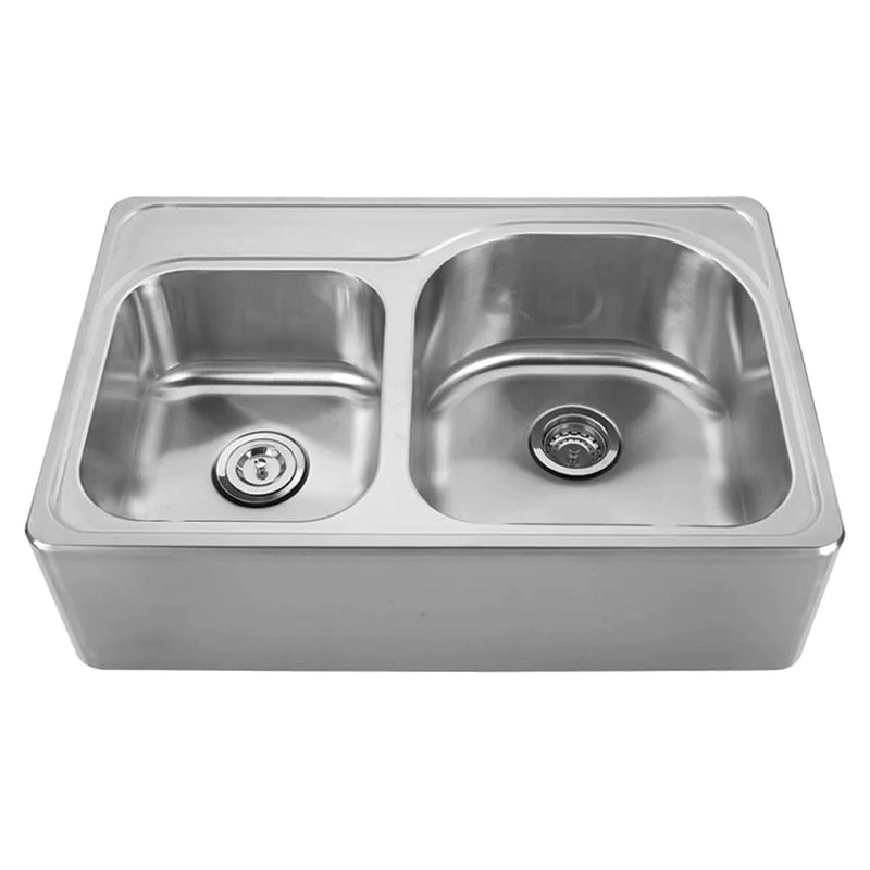 WHITEHAUS 33″ Noah’s Collection Brushed Stainless Steel Double Bowl Drop-In Sink with a Seamless Customized Front Apron - WHNAPD3322