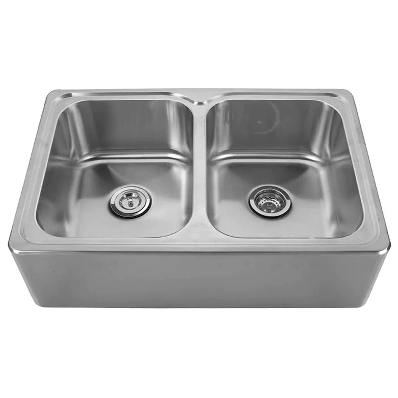 WHITEHAUS 33″ Noah’s Collection Brushed Stainless Steel Double Bowl Drop-In Sink with a Seamless Customized Front Apron - WHNAPEQ3322
