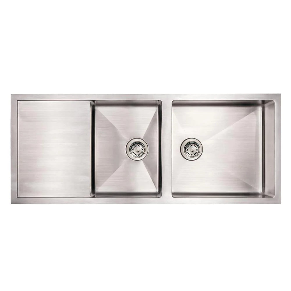 WHITEHAUS 51″ Noah’s Collection Brushed Stainless Steel Commercial Double Bowl Reversible Undermount Sink with an Integral Drain Board - WHNCMD5221