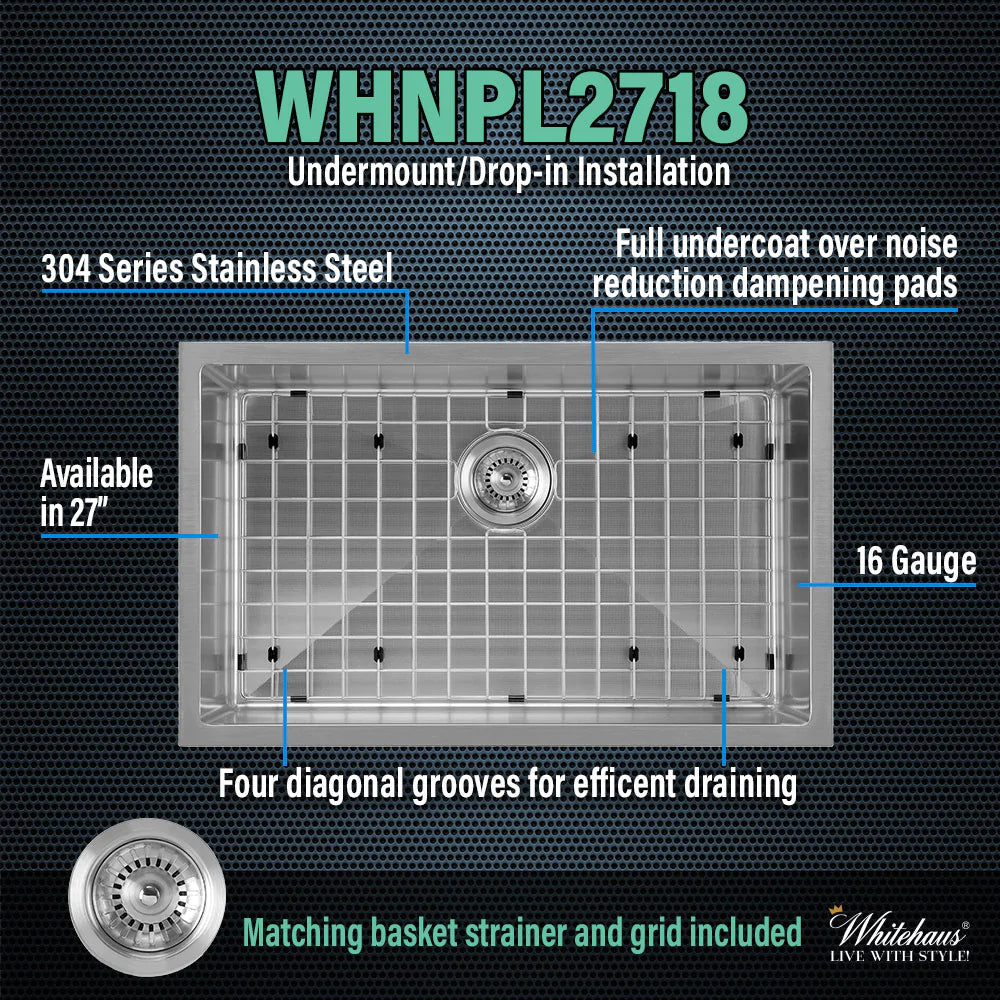 WHITEHAUS 27″ Noah plus Heavy Duty, 16 Gauge Single Bowl Dual-Mount Sink Set - WHNPL2718-BSS