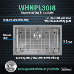 WHITEHAUS 30″ Noah plus Heavy Duty, 16 Gauge Single Bowl Dual-Mount Sink Set - WHNPL3018-BSS