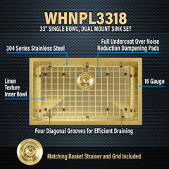 WHITEHAUS 33″ Noah plus Single Bowl, 16 Gauge Linen Textured Dual-Mount Sink Set - WHNPL3318