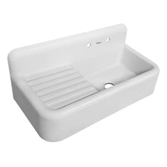 WHITEHAUS 41" Heritage Front Apron Single Bowl Fireclay Sink with Integral Drainboard and High Backsplash - WHQD4220-WHITE