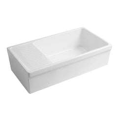 WHITEHAUS 36″ Quatro Alcove Large Reversible Fireclay Kitchen Sink with Integral Drainboard - WHQD540