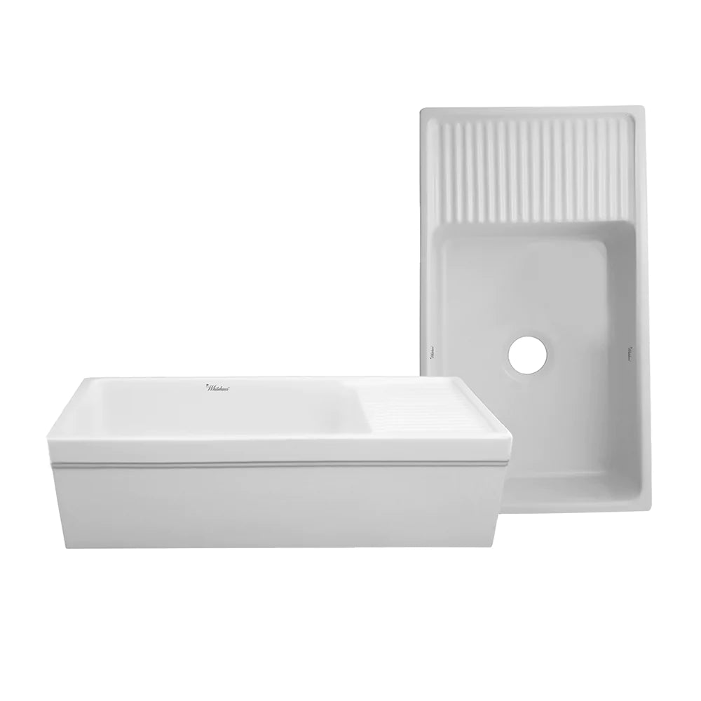 WHITEHAUS 36″ Quatro Alcove Large Reversible Fireclay Kitchen Sink with Integral Drainboard - WHQD540