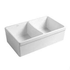 WHITEHAUS 33″ Quatro Alcove Reversible Double Bowl Fireclay Kitchen Sink with 2″ Lip on One Side - WHQDB532