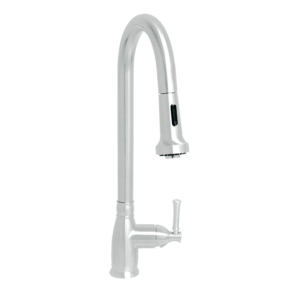 WHITEHAUS Waterhaus Lead-Free Solid Stainless Steel Single-Hole Faucet with Gooseneck Swivel Spout, Pull Down Spray Head and Solid Lever Handle - WHS6800-PDK