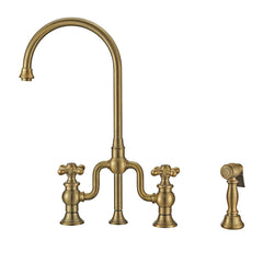 WHITEHAUS Twisthaus plus Bridge Faucet with Gooseneck Swivel Spout, Cross Handles and Solid Brass Side Spray - WHTTSCR3-9773-NT