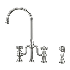 WHITEHAUS Twisthaus plus Bridge Faucet with Gooseneck Swivel Spout, Cross Handles and Solid Brass Side Spray - WHTTSCR3-9773-NT
