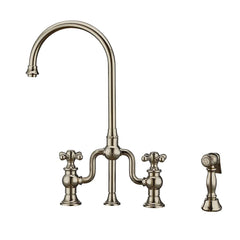 WHITEHAUS Twisthaus plus Bridge Faucet with Gooseneck Swivel Spout, Cross Handles and Solid Brass Side Spray - WHTTSCR3-9773-NT