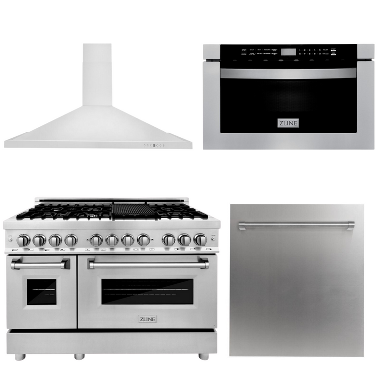 ZLINE 48" Kitchen Package with Stainless Steel Dual Fuel Range, Range Hood, Microwave Drawer and Dishwasher - 4KP-RARH48-MWDW