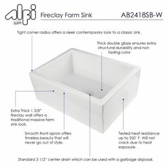 ALFI 24" Smooth Thick Wall Fireclay Single Bowl Farm Sink - AB2418SB